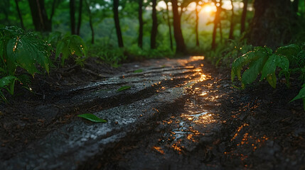 Obraz premium A muddy forest pathway reflecting sunlight after a rain shower
