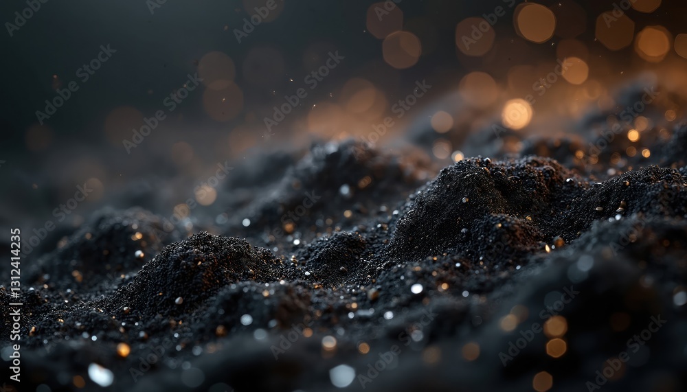 Poster grainy black dust texture with light bokeh effect. abstract dark textured design with sand particles