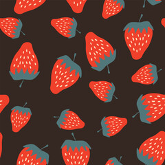 Seamless pattern with strawberry on color background. Natural delicious fresh ripe tasty fruit. Vector illustration for print, fabric, textile, banner, other design. Food concept.