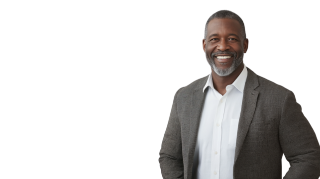 Middle-aged African American man in a smart blazer, slight smile, professional and approachable, crisp textures, pure white background png 