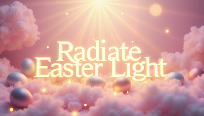 Glowing digital artwork of "Radiate Easter Light" surrounded by shining Easter eggs and gentle beams of light against ethereal pastel clouds, joyful celebration concept.