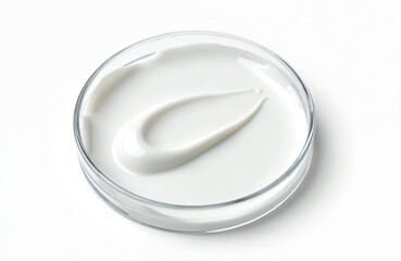 Cosmetic cream smear in petri dish on white isolated background. Perfect for beauty product demo science research concept. Skincare dermatology testing. Medical analysis in lab. Serum texture