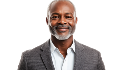 Middle-aged African American man in a smart blazer, slight smile, professional and approachable, crisp textures, pure white background png