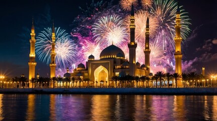 Naklejka premium Stunning Fireworks Over Grand Mosque at Night