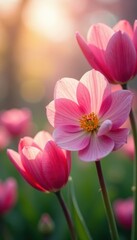Obraz premium Blurred spring floral bokeh, asymmetrical spring bloom, blur, background, green