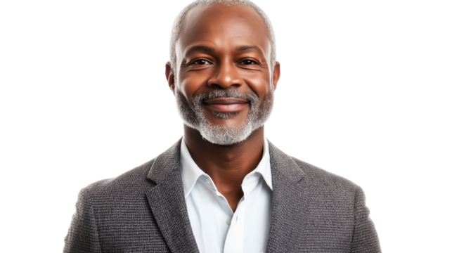 Middle-aged African American man in a smart blazer, slight smile, professional and approachable, crisp textures, pure white background png