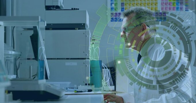 Scientist working in laboratory with digital data processing animation overlay