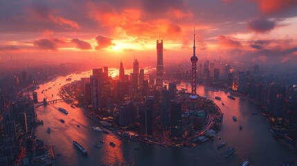 Naklejka premium Aerial View of City Skyline During Golden Hour with Vibrant Colors