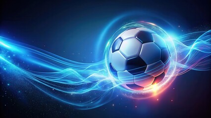 Fototapeta premium A glowing neon soccer ball suspended in mid-air over a deep blue background
