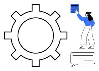 Woman interacting with calculator beside a gear, implying problem-solving and productivity. Ideal for teamwork, workflow, efficiency, processes, problem-solving, development collaboration. Flat