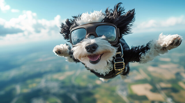 Happy miniature sheepadoodle soaring high in the sky with joy and adventure
