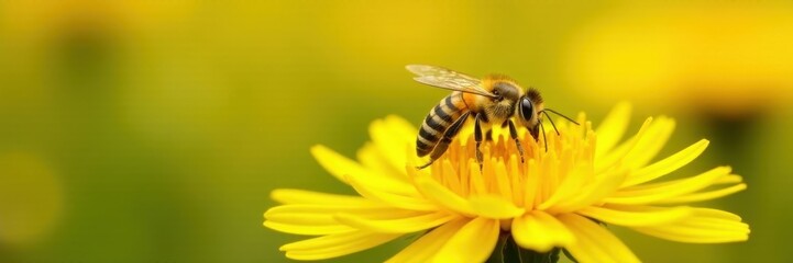 Close-up bee pollinating dandelion, yellow backdrop, insect, spring, close-up