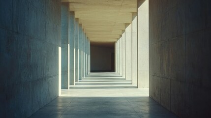 Fototapeta premium Empty concrete colonnade hallway, sunlit, architectural perspective