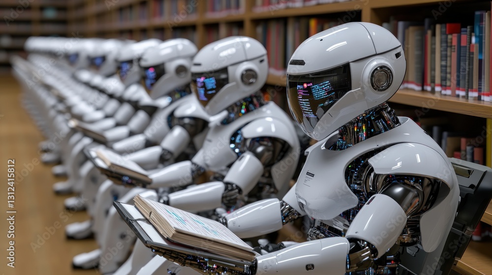 Poster rows of robots in a library studying books