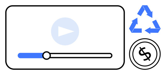Video player with play button and progress bar, recycling arrows, and dollar sign. Ideal for media reuse, content monetization, sustainability, circular economy, digital marketing, eco-awareness