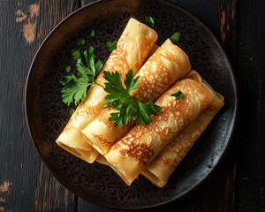 Overhead shot of golden-brown crepes neatly arranged on a dark plate, garnished with parsley.  Showcases simple elegance and delicious food photography, ideal for culinary blogs or restaurant menus