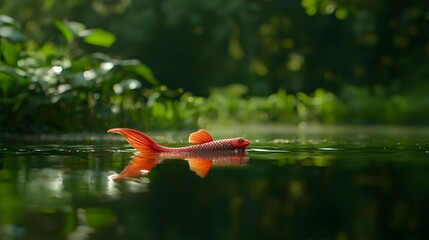 Orange Goldfish Swimming in a Calm Green Pond
