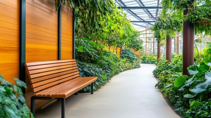 Serene indoor garden pathway with wooden bench, lush greenery, and natural light filtering through