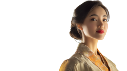 Elegant Asian woman in a traditional silk blouse, poised and confident, soft cinematic lighting, isolated on white,