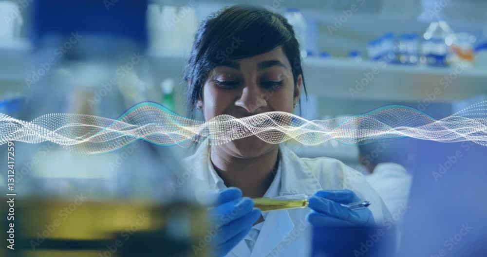 Poster scientist examining sample in laboratory with dna strand animation overlay