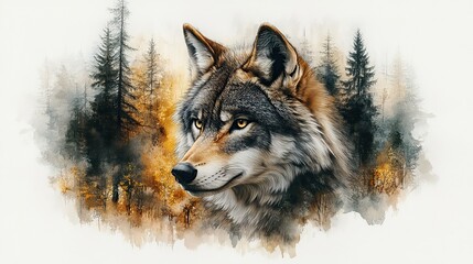 Obraz premium double exposure wolf and forest clipart watercolor illustration detailed artistic graphic illustration