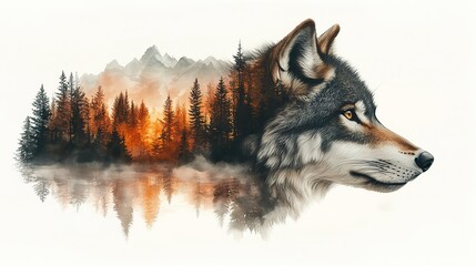 double exposure wolf and forest clipart watercolor illustration detailed illustration