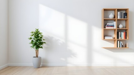 Empty interior with wall bookcase