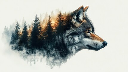 double exposure wolf and forest clipart watercolor illustration hand painted digital artwork