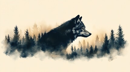 double exposure wolf and forest clipart watercolor illustration illustrative clipart collection illustration