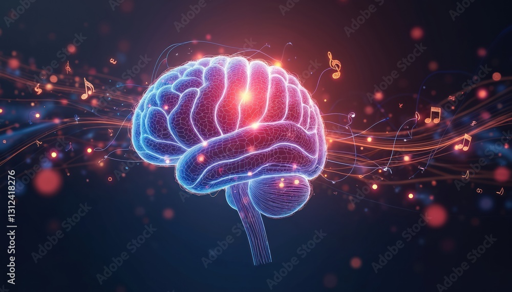 Poster illustration of human brain pulsating with musical energy, notes. visualizes music effect on brain a