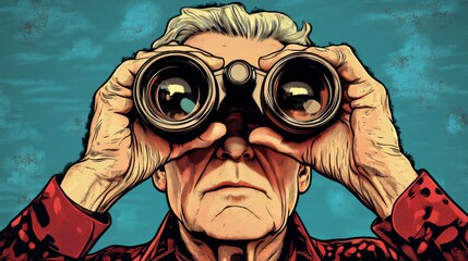 Intrigued Senior Man with Binoculars