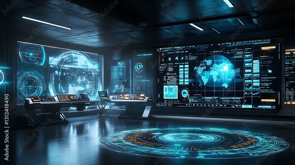 Poster a futuristic control room with multiple holographic screens displaying various data and real-time up