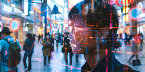 Augmented reality-enhanced human face in a futuristic cyber metropolis, AI-powered smart city vision and digital future
