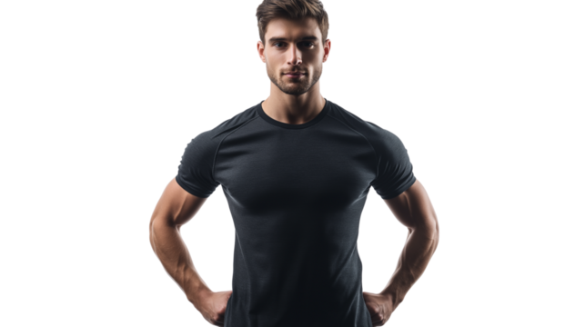Athletic young man in a fitted sports T-shirt, confident and relaxed, sharp fitness details, isolated on white,png