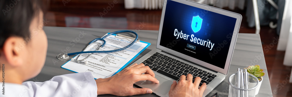 Poster cyber security system on computer screen protect private information brisk from hacker and cyber att