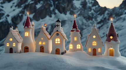 Fototapeta premium Miniature Snow Village with Glowing Candles at Night