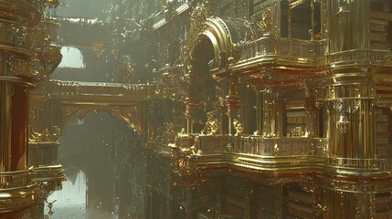 Majestic Digital Temple Library with Golden Architecture and Light