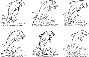 happy dolphin leaping water set of coloring book design