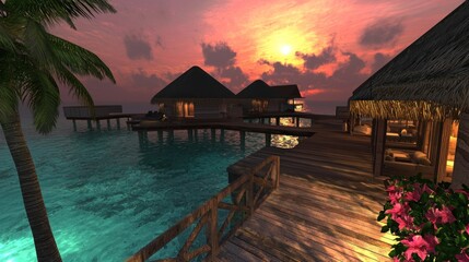 Fototapeta premium Tropical overwater bungalows at sunset (1)
