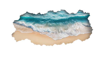 Tropical beach and ocean waves breaking on sandy shore with transparent background