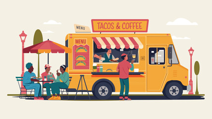 Fototapeta premium A lively vector illustration of a food truck parked on the street, selling tacos and coffee to customers 