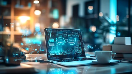 Modern laptop displaying digital data and a pair of glasses