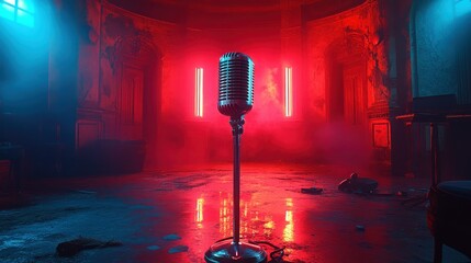 Retro microphone in a dimly lit, abandoned room, bathed in vibrant neon lights
