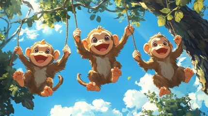 Naklejka premium Playful Monkeys Swinging from Trees in a Bright Blue Sky Illustration