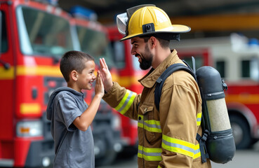 Obraz premium Firefighter with kid high-fiving near firetrucks. Happy child meets hero rescuer at fire station. Father, son bonding, celebrate career choice. Fireman shows children job, equipment, danger on duty.