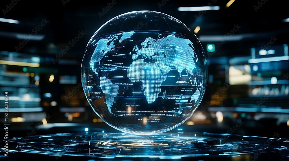 Poster a futuristic interface with a transparent holographic globe displaying real-time global information
