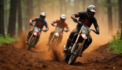 Motocross riders on dirt track. Motorcyclists racing in forest landscape. Extreme sport competition, adrenaline rush. Championship, adventure, motorsports. Fast powerful bikes speeding through mud,