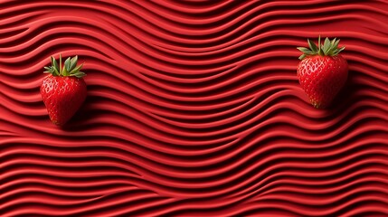 Strawberries laid on a red wavy background, great for health ads, recipes, or blog headers