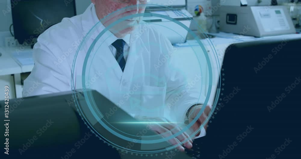 Poster working on computer, scientist using cloud technology animation in lab