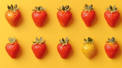 Strawberries laid out in pattern against solid yellow for health product or organic food blog post